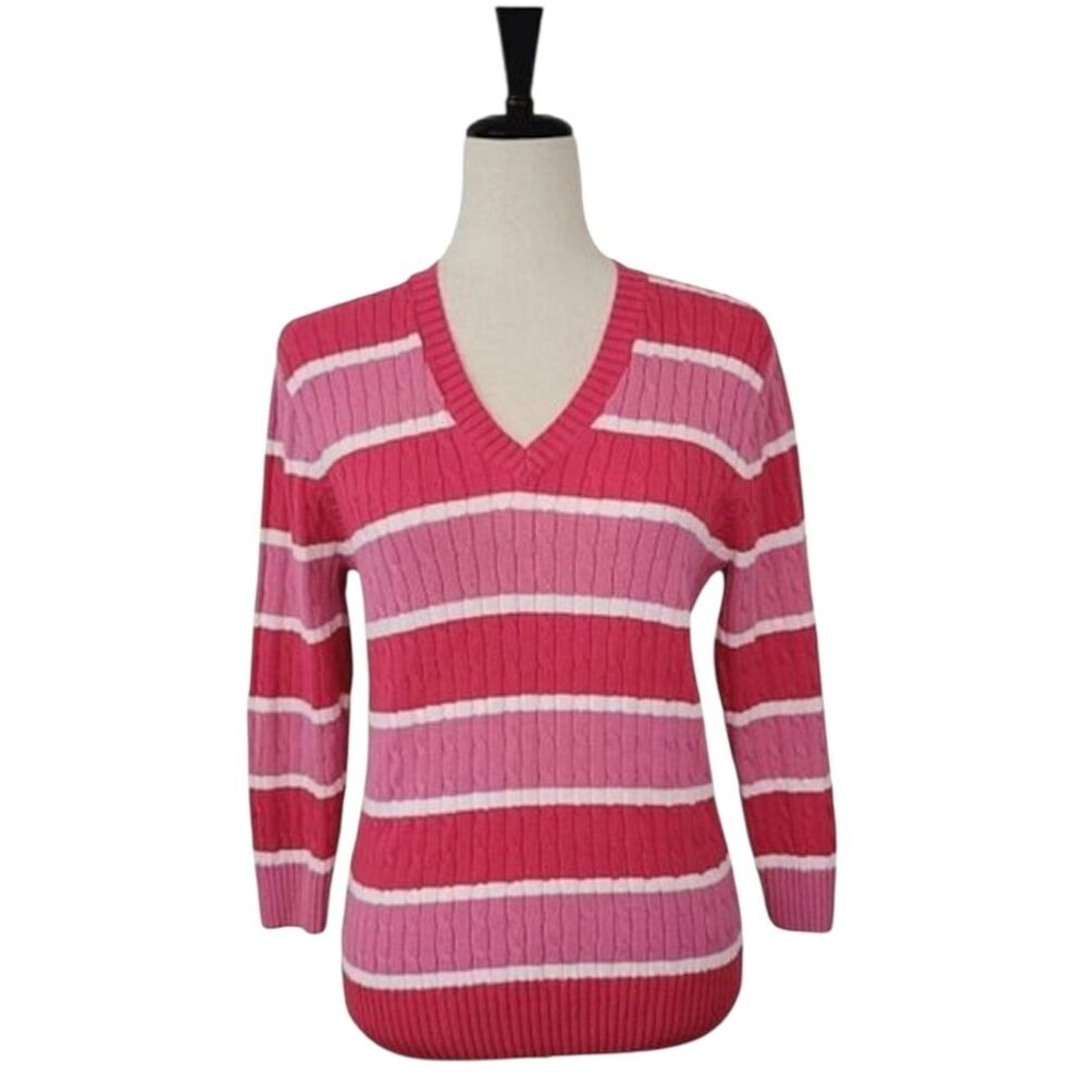 Jeanne Pierre Pink Striped V-neck Cable Knit 3/4 Sleeve Sweater Size M - Picture 2 of 8